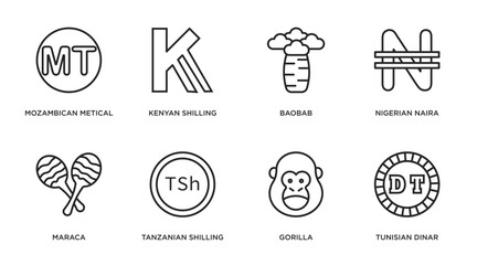 africa outline icons set. thin line icons such as mozambican metical, kenyan shilling, baobab, nigerian naira, maraca, tanzanian shilling, gorilla, tunisian dinar vector.