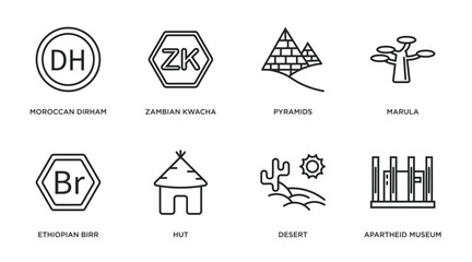africa outline icons set. thin line icons such as moroccan dirham, zambian kwacha, pyramids, marula, ethiopian birr, hut, desert, apartheid museum vector.