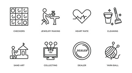 activity and hobbies outline icons set. thin line icons such as checkers, jewelry making, heart rate, cleaning, sand art, collecting, dealer, yarn ball vector.