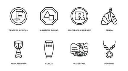 africa outline icons set. thin line icons such as central african franc, sudanese pound, south african rand, zebra, african drum, conga, waterfall, pendant vector.
