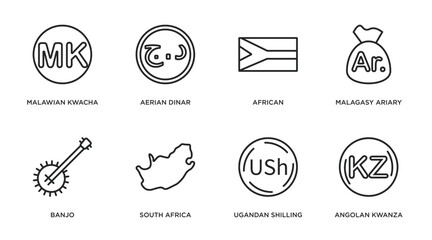 africa outline icons set. thin line icons such as malawian kwacha, aerian dinar, african, malagasy ariary, banjo, south africa, ugandan shilling, angolan kwanza vector.