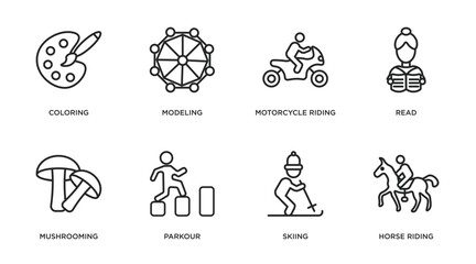 activity and hobbies outline icons set. thin line icons such as coloring, modeling, motorcycle riding, read, mushrooming, parkour, skiing, horse riding vector.