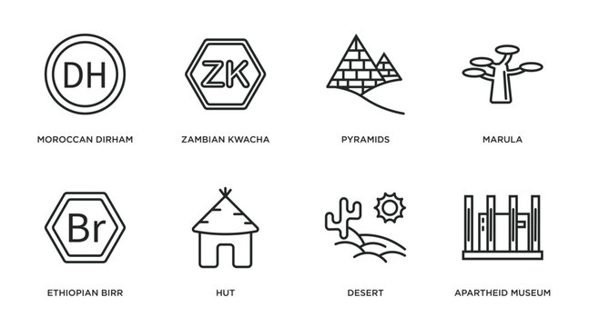 africa outline icons set. thin line icons such as moroccan dirham, zambian kwacha, pyramids, marula, ethiopian birr, hut, desert, apartheid museum vector.