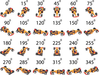 A set of 24 racing cars from different angles. Rotation of the sport car with pilot by 15 degrees for animation.  