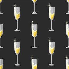 Glasses of champagne vector seamless pattern. Bright, sparkling, festive, colorful design. Best for greeting cards, textile, bar decoration, wallpapers, wrapping paper, package and web design.