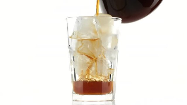 Pouring black coffee in glass with ice. Making iced coffee. Coffee drinks concept