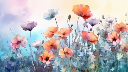 multicolored wildflowers watercolor field drawing summer. generative ai