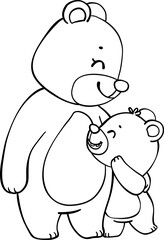 Cute happy mama teddy bear and baby bear mother's day cartoon animal outline hand drawing
