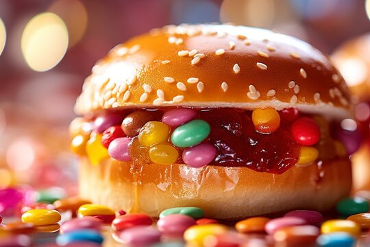 A whimsical creation, a hamburger adorned with an array of candies, sweets, and jelly beans. Ai Generated