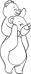 Cute happy mama teddy bear and baby bear mother's day cartoon animal outline hand drawing