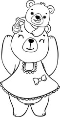 Cute happy mama teddy bear and baby bear mother's day cartoon animal outline hand drawing