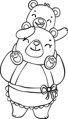 Cute happy mama teddy bear and baby bear mother's day cartoon animal outline hand drawing