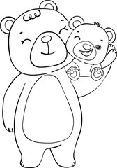 Cute happy mama teddy bear and baby bear mother's day cartoon animal outline hand drawing
