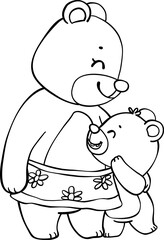 Cute happy mama teddy bear and baby bear mother's day cartoon animal outline hand drawing