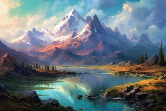 Fairy-tale painted landscape with picturesque mountains and a lake.