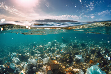Fototapeta na wymiar plastic pollution of the ocean underwater photo. generative AI