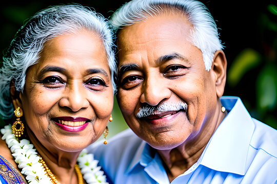 An image of a happy smiling senior East Indian couple. (AI-generated fictional illustration)