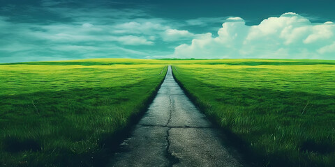 Beautiful grassland road. Minimalistic highway in countryside. Generative AI