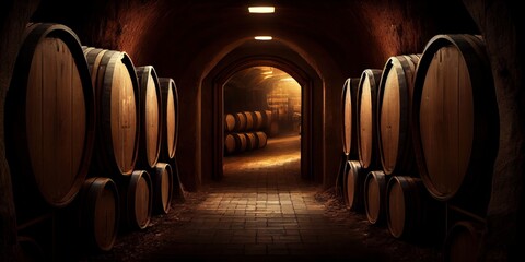 Cellar with barrels for storage and aging of wine. Generative AI