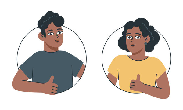 Beautiful young dark-skinned faces of women and men. A man and a woman give a thumbs up. Icons of male and female users. Cute cartoon characters. Vector illustration