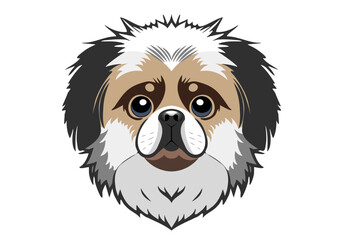 Vector head of a cute beautiful little Pekingese dog. Cartoon portrait of a sad puppy. Sticker or icon. White isolated background.