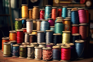 Spools of colored thread close up as a background.