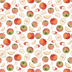 Hand drawn watercolor apple fruits, ripe, full and slices red and green with leaves. Seamless pattern. Isolated object on white background. Design for wall art, wedding, print, fabric, cover, card.