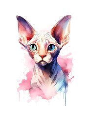 Sphynx cat on white background, cartoon watercolor illustration. Generative AI.