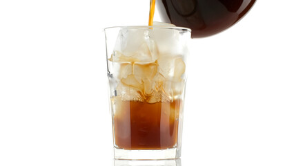 Pouring black coffee in glass with ice. Coffee drinks concept