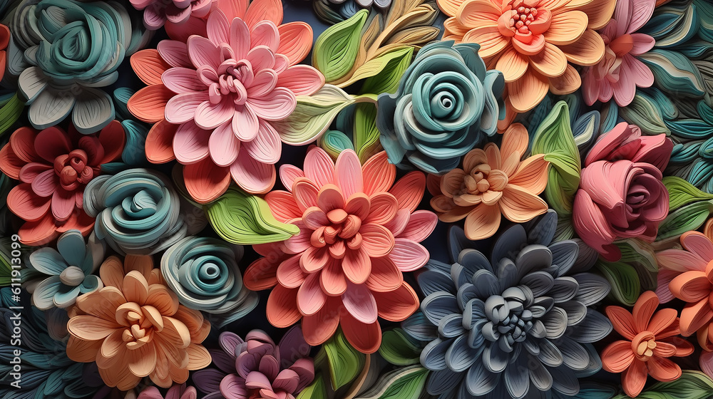 Wall mural 3d multicolored flowers three-dimensional painting background. flower ornament generative AI