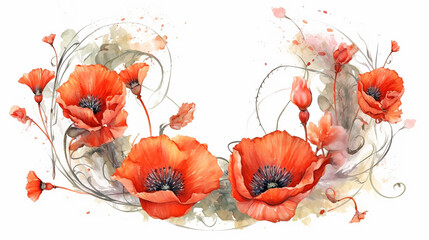 red poppies watercolor wreath frame on white background. generative ai