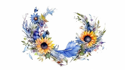 sunflowers watercolor wreath frame on white background. generative ai