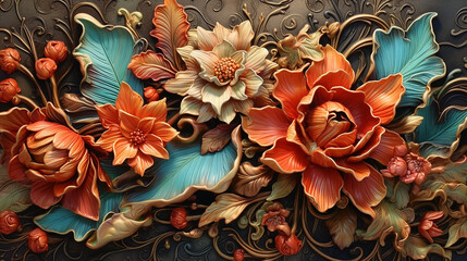3d multicolored flowers three-dimensional painting background. flower ornament generative AI