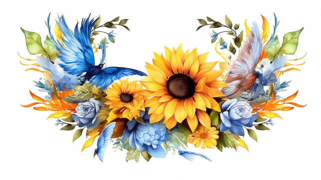 recommend clip art: sunflowers watercolor wreath frame on white background. generative ai
