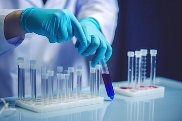 scientist work at Laboratory room, doctor, science research concept, test tube on blue background