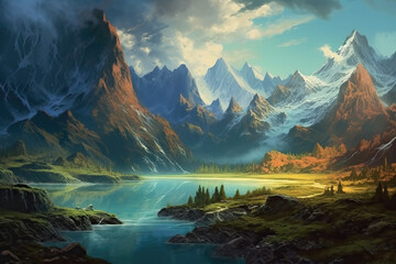 Fototapeta na wymiar Fairy-tale painted landscape with picturesque mountains and a lake.