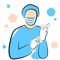A surgeon in a blue uniform puts on a glove. Vector illustration in doodle style