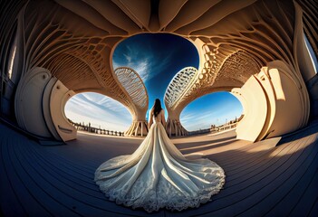 A beautiful bride in a mermaid wedding dress in the Ciudad de las Ciencias, Valencia. Generative AI.