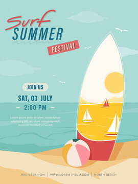 Summer poster with surfboard and ball in sand beach background