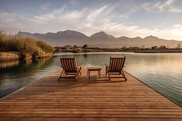 Fototapeta na wymiar wooden chairs lake view