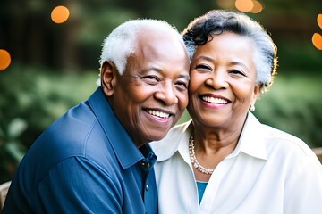 Image of a happy smiling black senior couple. (AI-generated fictional illustration)
 - Powered by Adobe