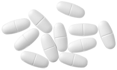 White oval pills isolated on white background, top view.