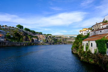 View of Douro river at Porto, and right coast - Vila Nova de Gaia, Portugal - 2023.