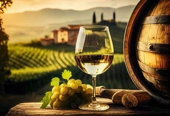Foto op Plexiglas Glass of white wine on a barrel in the countryside. Generative AI. © Agustin