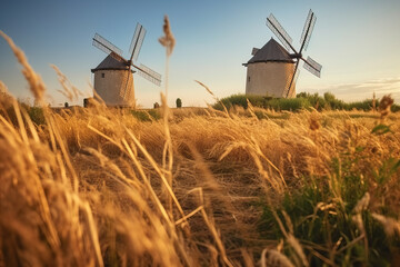 Windmills in a wheat field on a sunny day. - obrazy, fototapety, plakaty