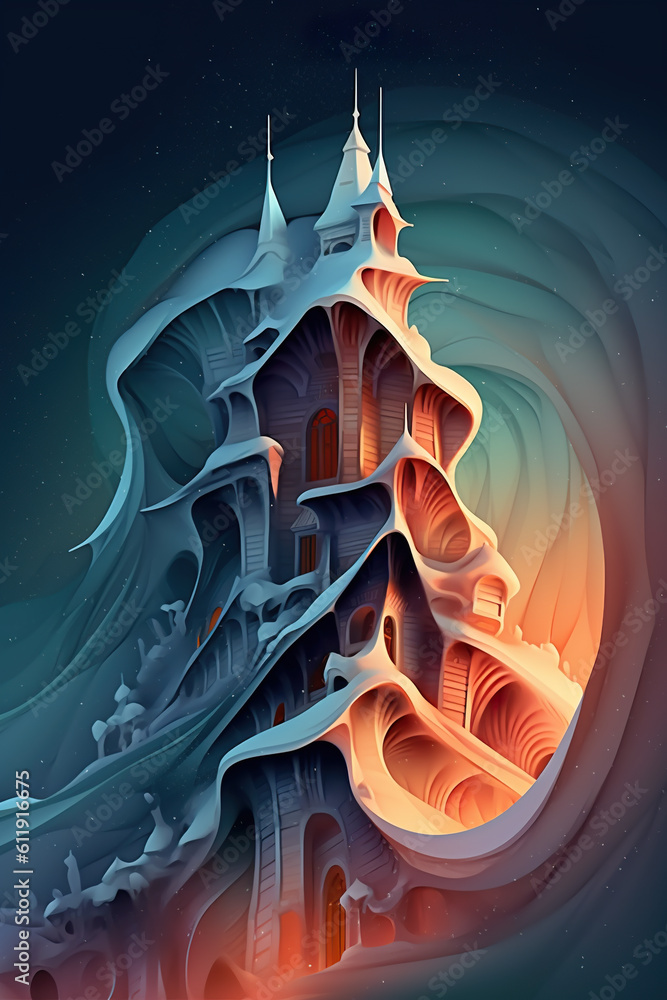 Poster a digital painting of a castle in the sky. generative ai. abstract wavy patterns in blue and orange.