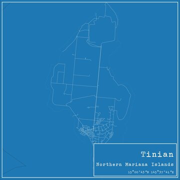 Blueprint US city map of Tinian, Northern Mariana Islands.