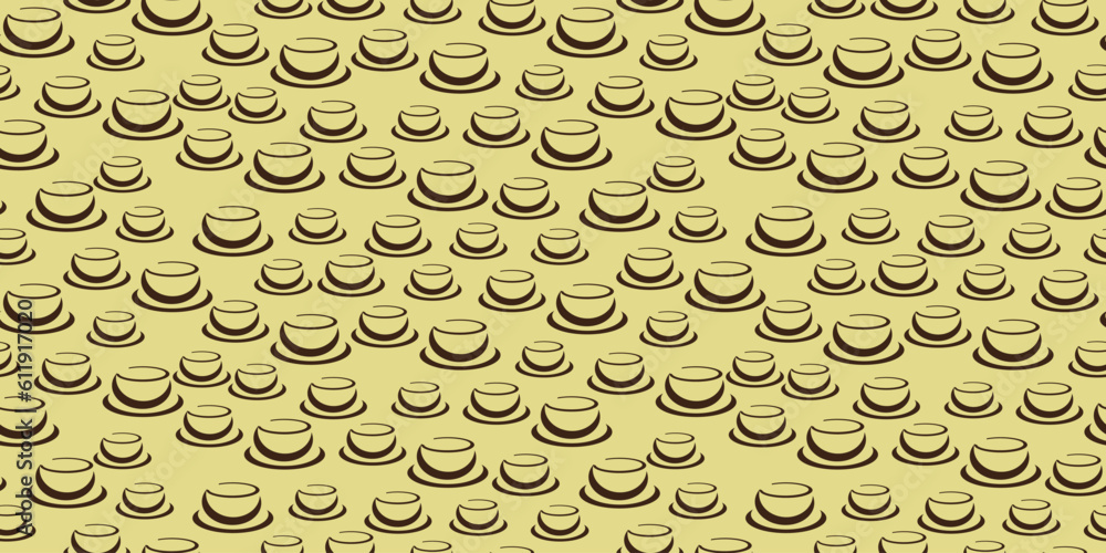 Poster many random placed brown coffee cup or soup bowl symbols of various sizes - seamless pattern on wide