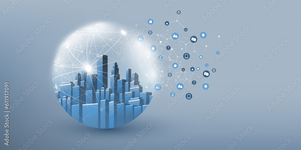 Poster futuristic smart city, iot and cloud computing design concept with polygonal mesh, cluster and nodes