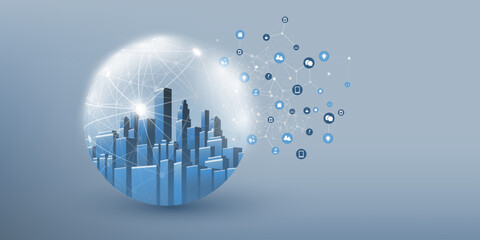 Futuristic Smart City, IoT and Cloud Computing Design Concept with Polygonal Mesh, Cluster and Nodes - Cityscape Skyline in a Glass Globe - Digital Network Connections, Technology Vector Background © bagotaj